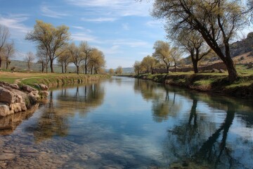 Scenic landscape depicts calm river flowing through grassy banks with reflections of tall trees