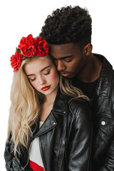 Romantic Couple in Urban Fashion Embracing with Red Flower Crown and Leather Jackets, Showcasing Love and Connection in Modern Setting