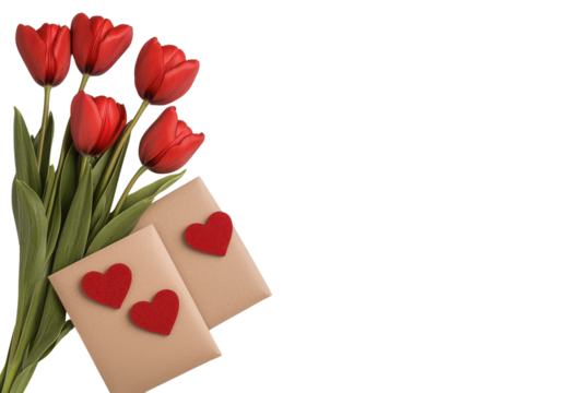 Beautiful bouquet of red tulips with two romantic envelopes featuring heart decorations on a light background for love and celebration themes - Powered by Adobe