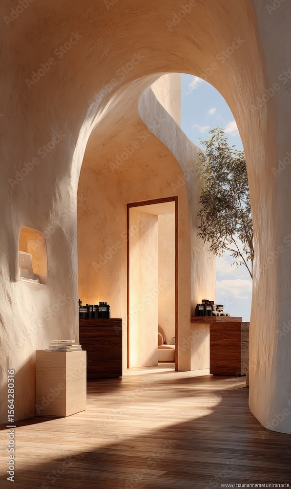 Poster modern architecturally designed interior space with smooth curved walls large arched window natural 