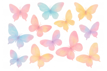 Soft pastel butterflies floating in pale pink, blue, yellow hues against translucent backdrop, evoking ethereal, delicate mood