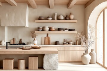 Modern minimalist kitchen with wooden cabinets open shelving natural light neutral decor and decorative pottery inside home interior design
