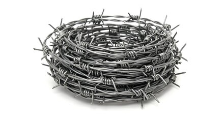 Coiled barbed wire roll sits on a white surface, displaying a sharp and dangerous appearance, perfect for security or industrial themes.