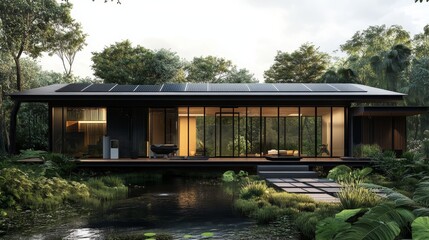 Create an engaging illustration of a sustainable modern house, showcasing sleek architecture with solar panels and a heat pump, surrounded by greenery, emphasizing eco-friendly living