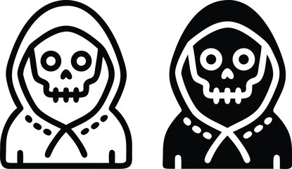 Grim Reaper Skull Icon Set – Black and White Hooded Skeleton Death Character Vector Illustration