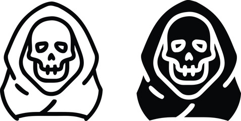 Grim Reaper Hooded Skull Icon Set – Black and White Death Figure Vector Illustration
