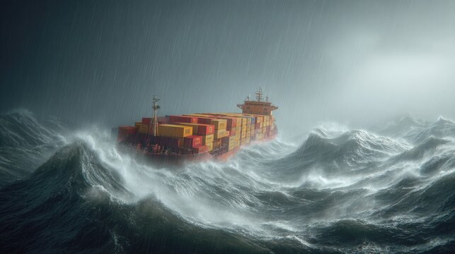 Large cargo ship navigating through stormy rough ocean waves du heavy rain with dark ominous sky and high wind conditions, maritime transport