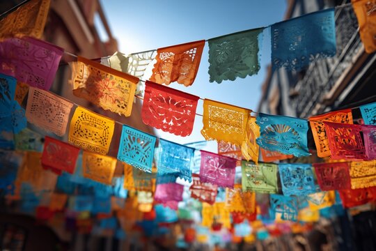 Fototapeta Colorful paper flags and garlands hanging in the air