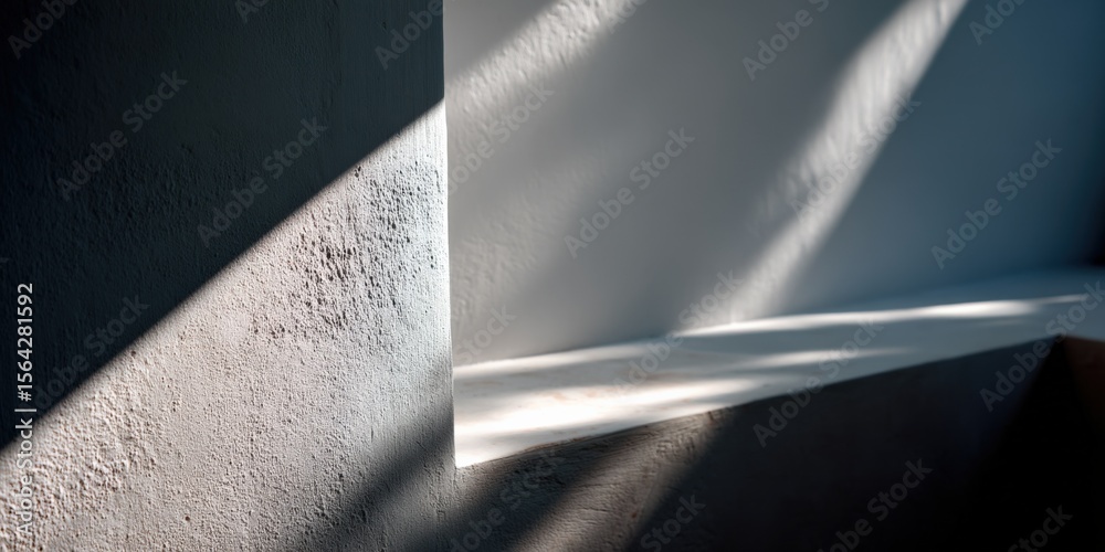 Poster Modern interior design with sunlight streaming through window illuminating textured wall and casting shadows on smooth surface