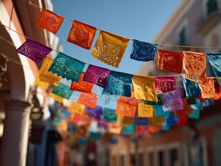 Colorful paper flags and garlands hanging in the air