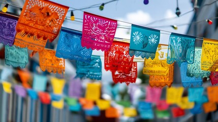 Fototapeta premium Colorful paper flags and garlands hanging in the air