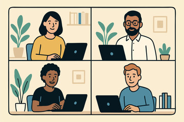 Flat Vector Illustration of Remote Team Virtual Meeting in Home Office Setting
