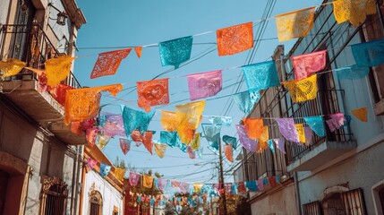 Fototapeta premium Colorful paper flags and garlands hanging in the air
