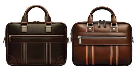 Two elegant brown leather briefcases with silver hardware, featuring sleek design and Fine Stitching, perfect for professional use and stylish accessories isolated on transparent background