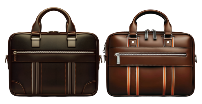 Two elegant brown leather briefcases with silver hardware, featuring sleek design and Fine Stitching, perfect for professional use and stylish accessories isolated on transparent background