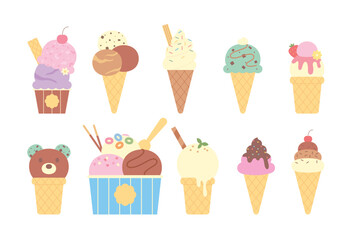 Cute flat vector set of colorful ice cream cones and cups in various styles and flavors. Summer dessert collection with sprinkles, fruits, and toppings.