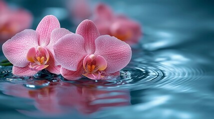 Two pink orchids float gracefully on calm, rippling blue water, creating a serene and tranquil scene. © Molka