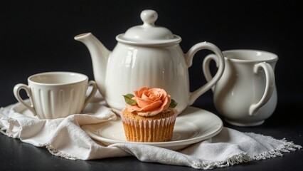 Elegant still life of a classic white tea set with a gourmet cupcake decorated with a rose frosting on a dark background.
