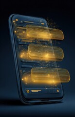 Obraz premium Futuristic smartphone with holographic glowing data beams floating above screen in a dark setting for innovative digital technology concept