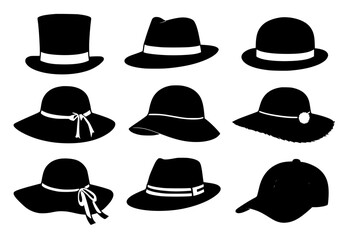 Variety of Hat Silhouettes in Black on Light Background