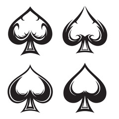 Fototapeta premium Four black spade symbols with decorative ornament set isolated on white background