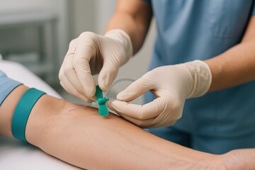 Blood Draw Procedure: A medical professional inserts an intravenous needle into a patient's arm, signifying the beginning of a blood draw procedure. the setting is sterile and calm.