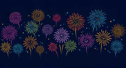 Cartoon Fireworks with Smiling Faces on Dark Blue Background Illustration