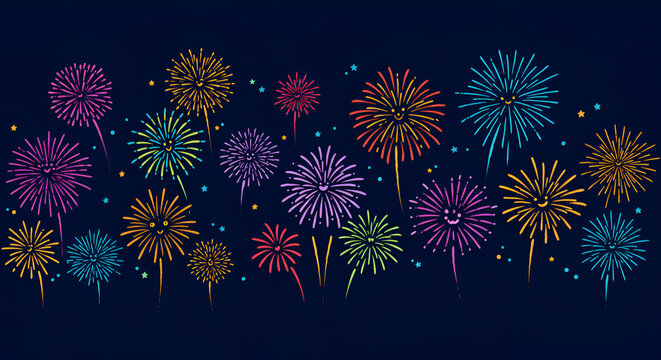Cartoon Fireworks with Smiling Faces on Dark Blue Background Illustration