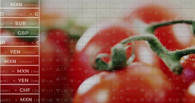 Opening with camera panning across red vine tomatoes while grid scrolling revealing currency rates