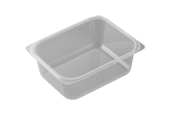 Minimalist clear plastic food container on a black background, showcasing its rectangular shape and clean design for storage.