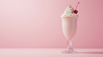 Pink milkshake with whipped cream and cherry