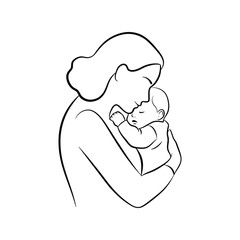 Minimalist Mother and Baby Line Art Vector - Loving Maternal Embrace