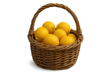 Ripe yellow lemons cascading from weathered wicker basket, highlighting fresh citrus bounty against transparent backdrop