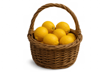 Ripe yellow lemons cascading from weathered wicker basket, highlighting fresh citrus bounty against transparent backdrop