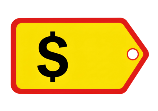 Vivid yellow price tag with a bold red border and a prominent dollar sign signifies value and sales for retail and marketing.