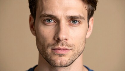 Fototapeta premium Close-up Portrait of a Handsome Man with Striking Eyes and Light Stubble, Intimate Studio Shot of a Man's Face with Gentle Lighting and Expressive Eyes