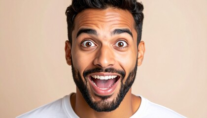 Man's surprised facial expression, showing excitement and joy,Portrait of a man with a surprised facial expression and a wide open mouth