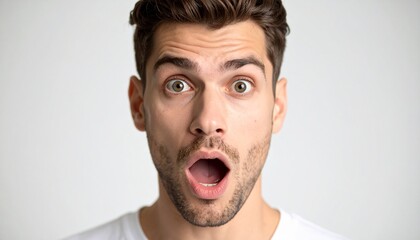Man with shocked expression stares wide-eyed at the camera, close up portrait of a surprised man against a white background