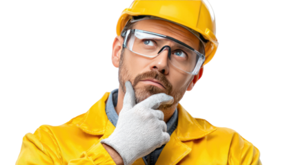 Thoughtful Construction Worker: A focused construction worker ponders, his gaze uplifted, as if envisioning a new project. He wears protective gear and a thoughtful expression.