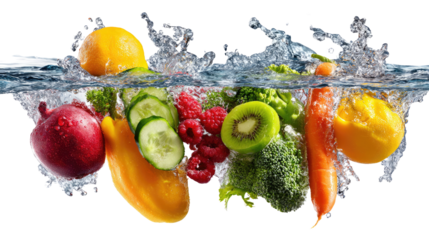Fresh Harvest: A vibrant assortment of fresh fruits and vegetables, brilliantly captured mid-splash in cool, refreshing water, creating a dynamic and inviting display of nature's bounty.