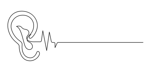 One continuous line drawing of human ear . Single line of human ear vector illustration, Human ear one continuous line. Hearing aid in human ear continuous one line drawing. Hearing device