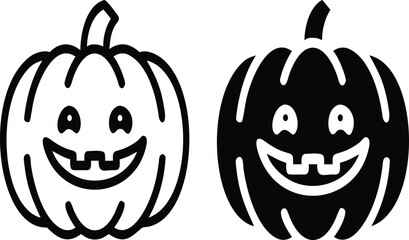 Happy Pumpkin Icon Set – Black and White Halloween Jack-o'-Lantern Vector Illustration