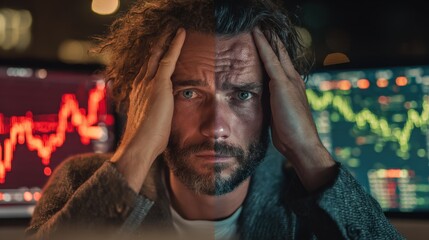 Overwhelmed worried man experiencing stress and anxiety while analyzing fluctuating financial stock market charts on digital screens at night