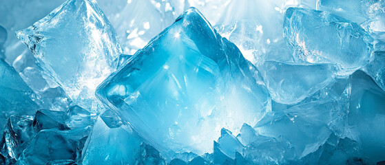 Fototapeta premium Close up view of a glistening pile of clear ice cubes in a bright blue hue