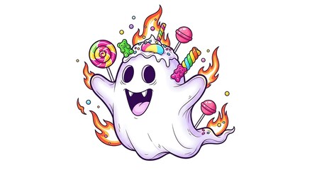 Naklejka premium Cartoon ghost surrounded by flames and topped with candy and lollipops on white background