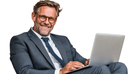 Smiling Professional Man Working on Laptop: A professional man, radiating positivity with his warm smile, is engrossed in work on his laptop. He's the image of modern business savvy and accessibility.