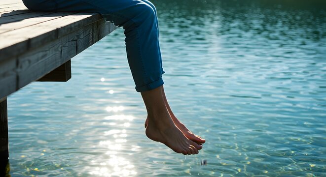 Bare Feet Dipping in Clear Blue Water from a Wooden Dock on a Sunny Day, Evoking Summer Relaxation and Serenity - Powered by Adobe