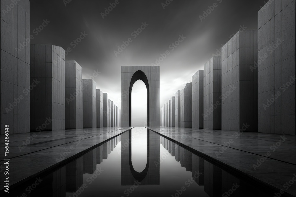 Poster Abstract futuristic architectural corridor with tall rectangular structures black and white high contrast design with reflective water surface and an arched opening in the background