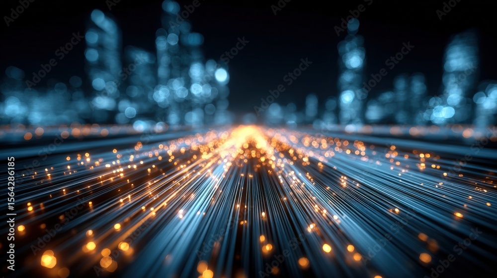 Poster vibrant blurred cityscape at night with streaks of light from moving vehicles and illuminated skyscr