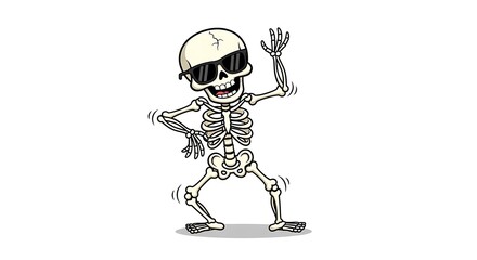 Cartoon skeleton wearing sunglasses dancing and waving on a white background in a fun illustration